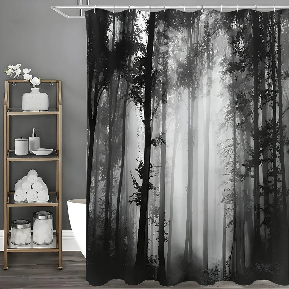 Black Tree Shower Curtain, Black Misty Forest Bathroom Decorative Shower Curtain, Waterproof Shower Curtain with Hooks