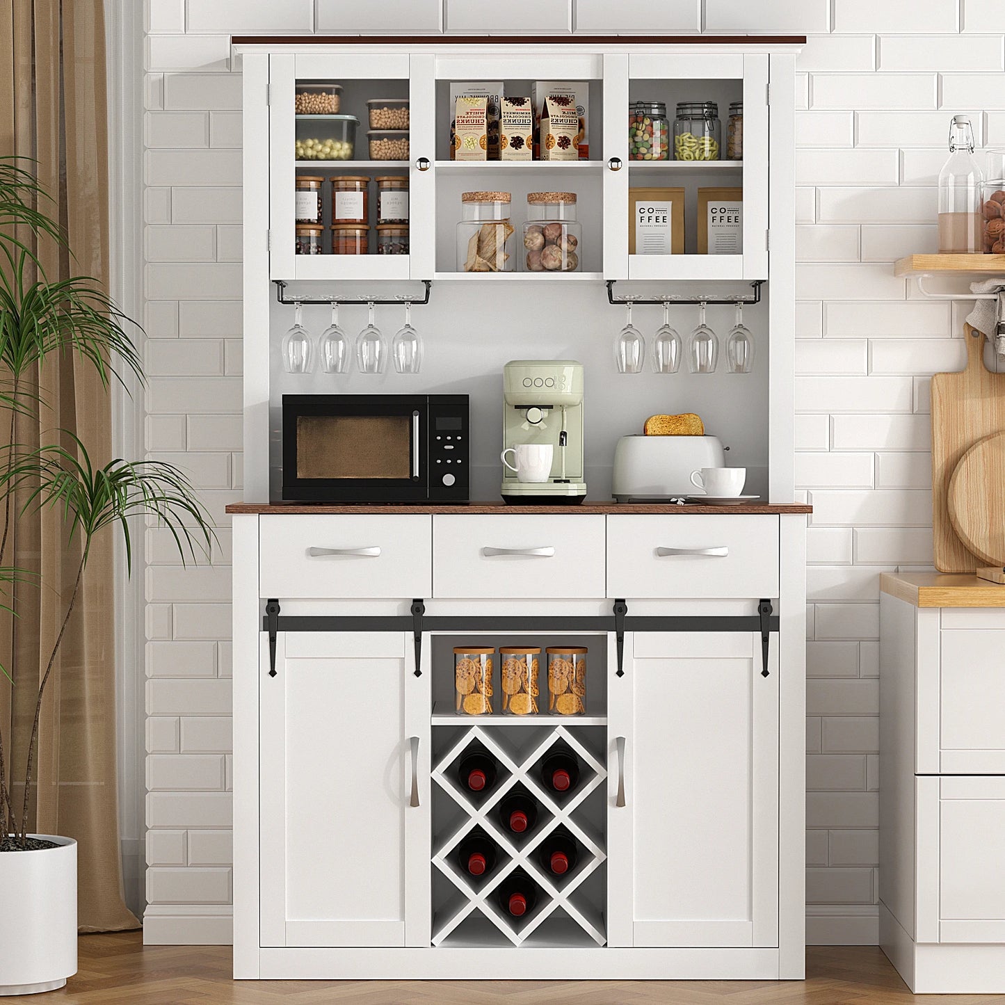 VOWNER Farmhouse Bar Cabinet Sliding Barn Doors Wine Racks