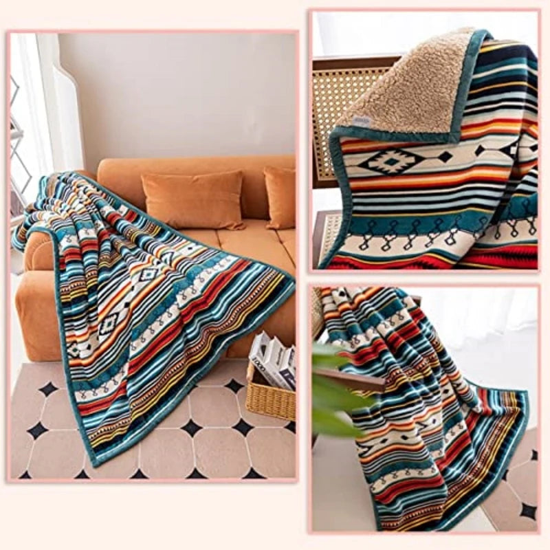 COTTEBED Lightweight Boho Sherpa Throw Striped Flannel Blanket Luxury Bed Cozy Comfort