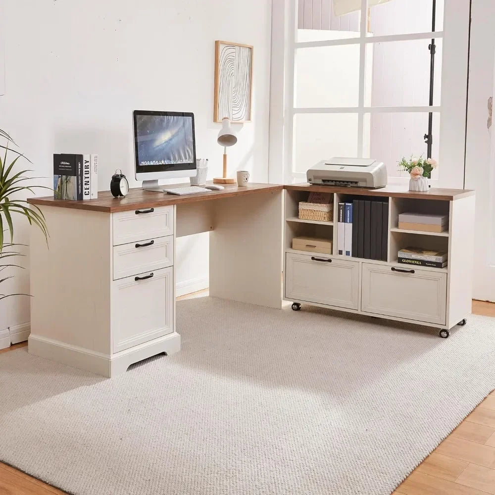ANGDUO L Shaped Executive Desk With Adjustable File Cabinet