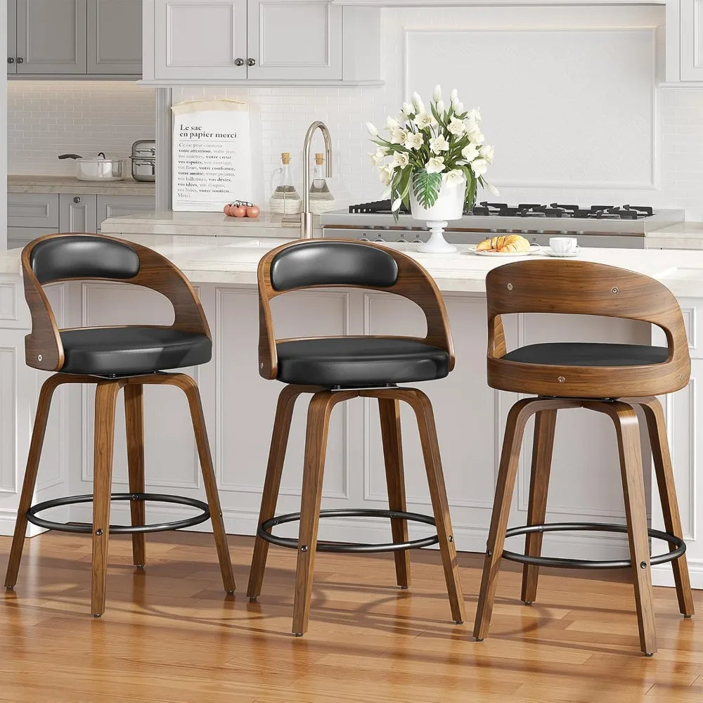 Set Of 4 Swivel Bar Stools Walnut Wood Leather Upholstered