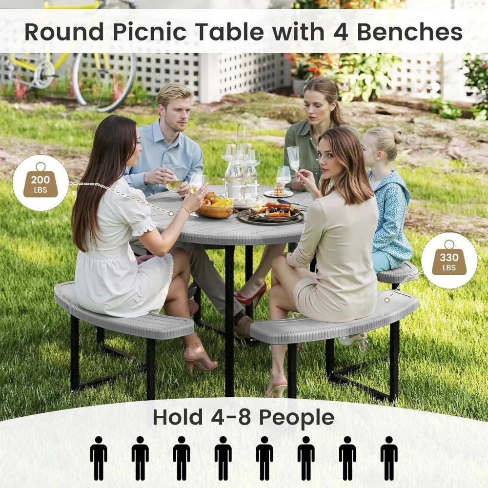 HDPE Outdoor Round Table And Bench Set With Umbrella Hole