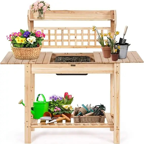 Garden Potting Bench Wood Work Table With Sliding Tabletop