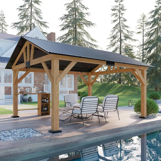 Feature Wood Gazebo With Bar Storage And Steel Gable Roof