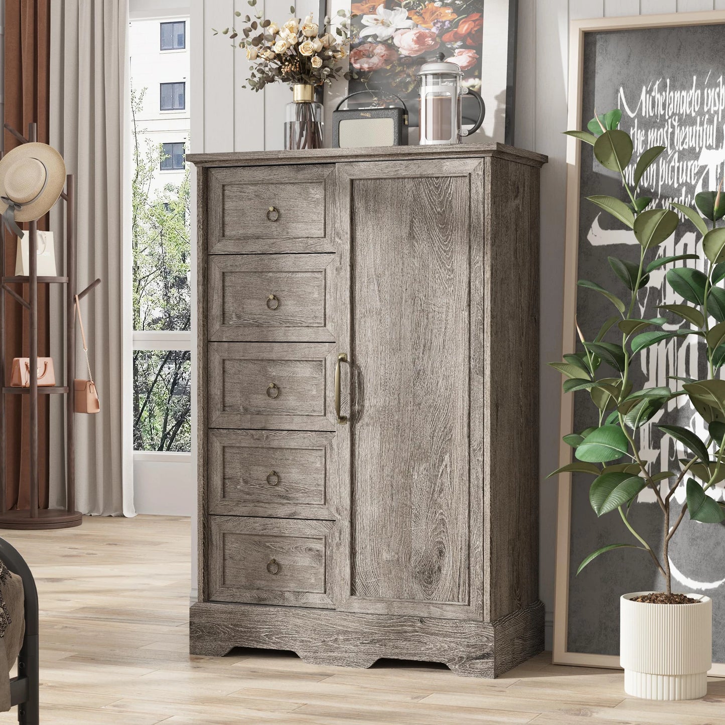 Vabches Dresser for Bedroom 5 Drawers Dresser Organizer Storage with Sliding Door 48" Chest of Drawers Farmhouse Wood Dresser