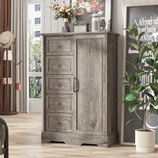 Vabches Dresser for Bedroom 5 Drawers Dresser Organizer Storage with Sliding Door 48" Chest of Drawers Farmhouse Wood Dresser