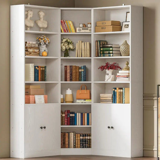 IRONCK Corner Bookshelf With 2 Storage Cabinets And 7-Tier Shelves