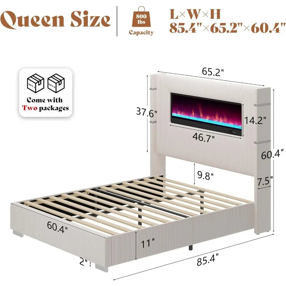 Hign-concerned Wingback Bed Frame with Fireplace and Wooden Slats