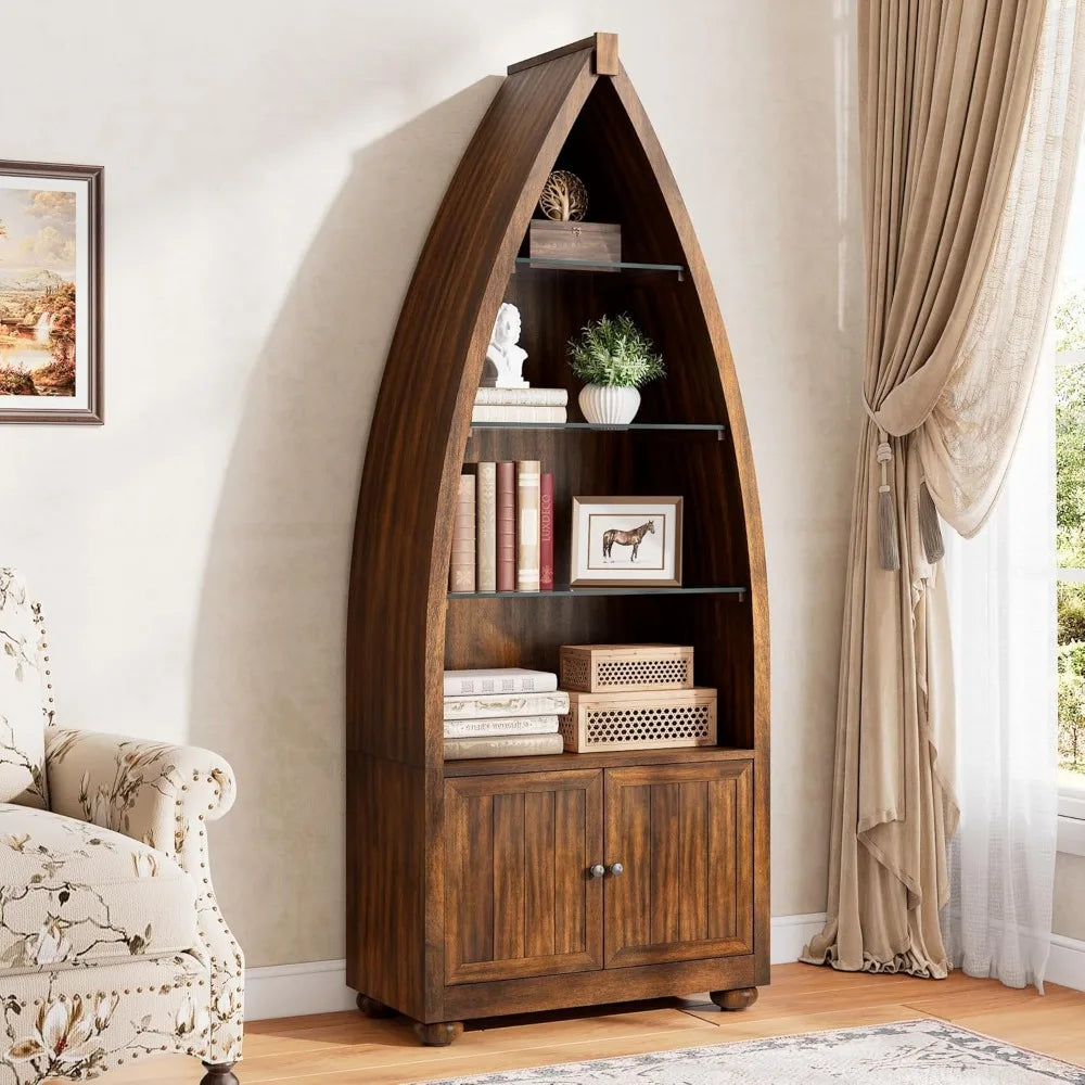 5-Tier Wooden Boat-Shaped Bookcase With Glass Shelves