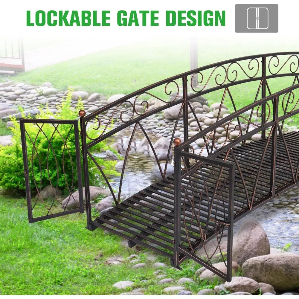 Garden Metal Bridge With Gate And Patterned Siderails