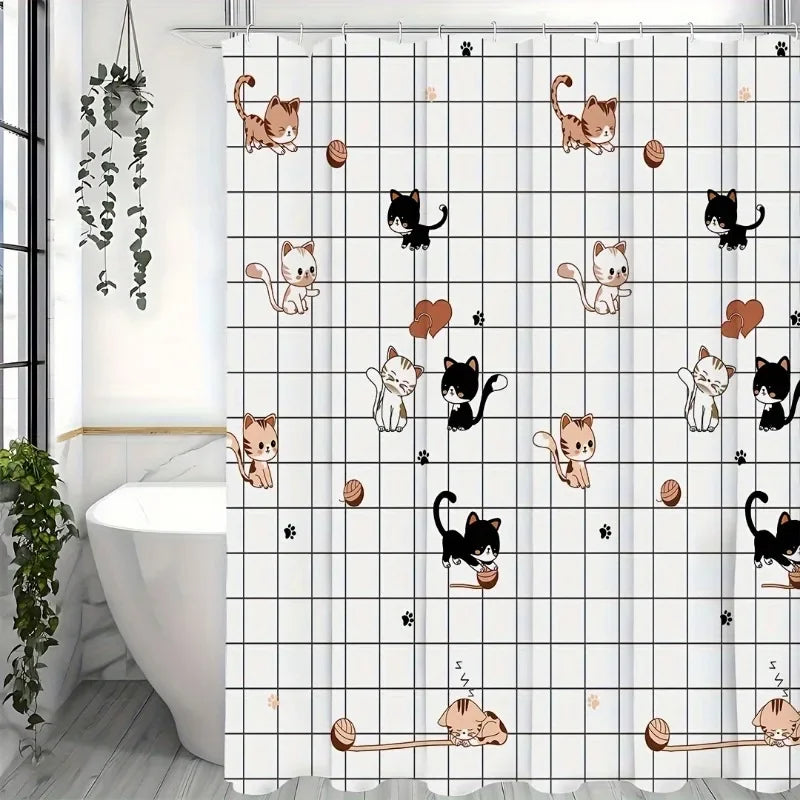 1pc Waterproof Cute Cat Pattern Shower Curtain - Easy Install with Hooks, Durable & Decorative for Any Bathroom