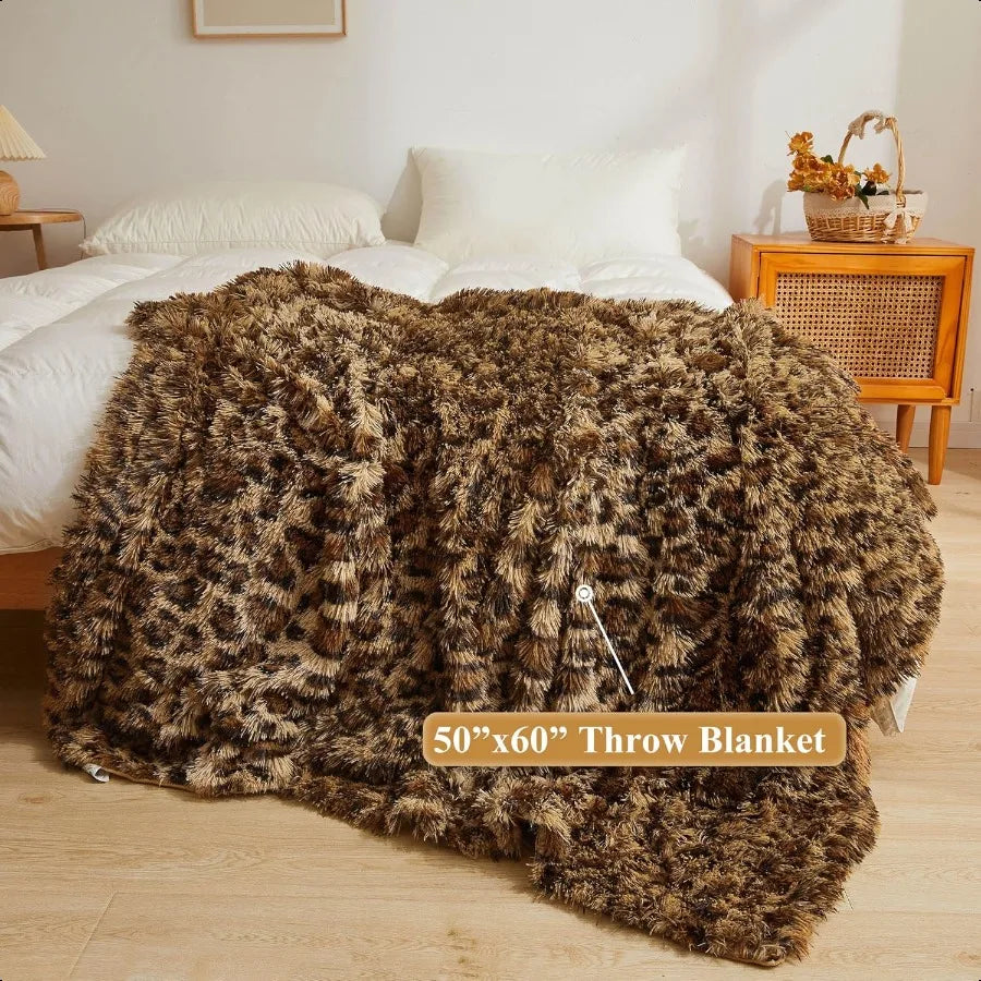 Guangdong Craft Of Weaving Leopard Print Faux Fur Throw Blanket Plush Decor Soft Cozy