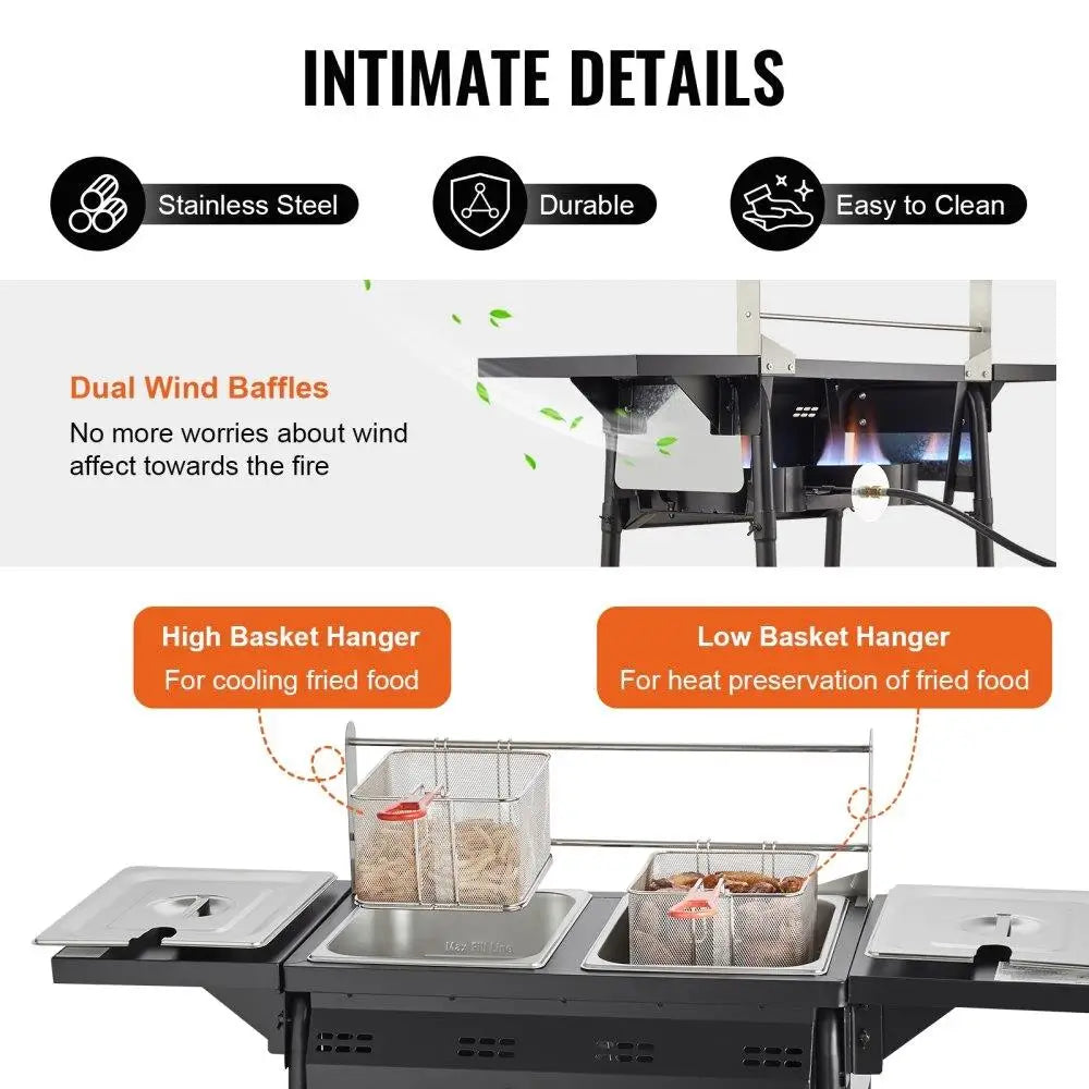 For outdoor Propane Deep Fryer 16 Qt Stainless Steel Double Commercial Fryer with Removable Baskets Lids Tanks