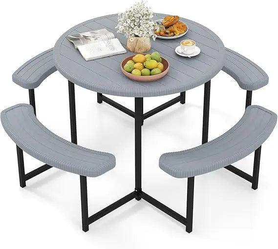 HDPE Outdoor Round Table And Bench Set With Umbrella Hole