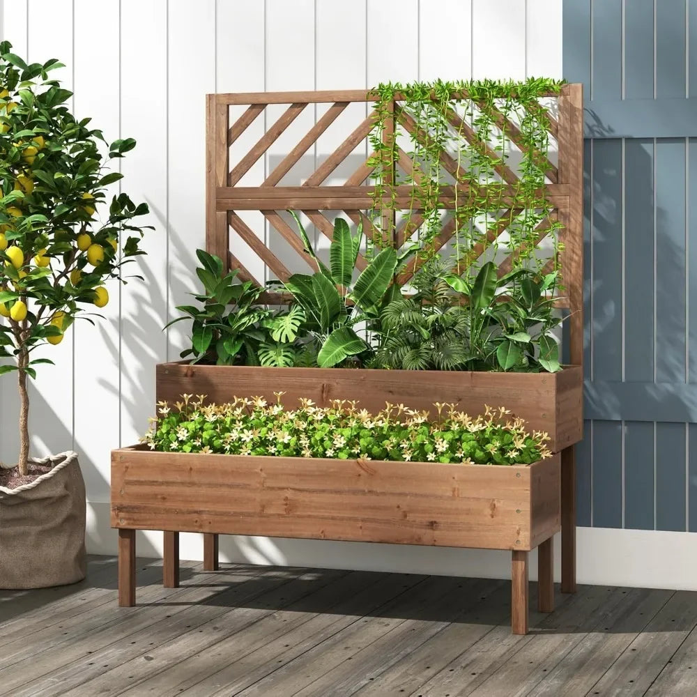 JIAOYING Raised Garden Bed With Trellis 2 Tier Planter Box