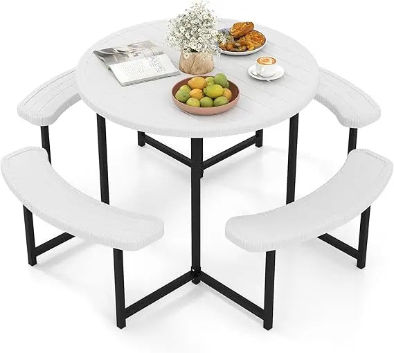 HDPE Outdoor Round Table And Bench Set With Umbrella Hole