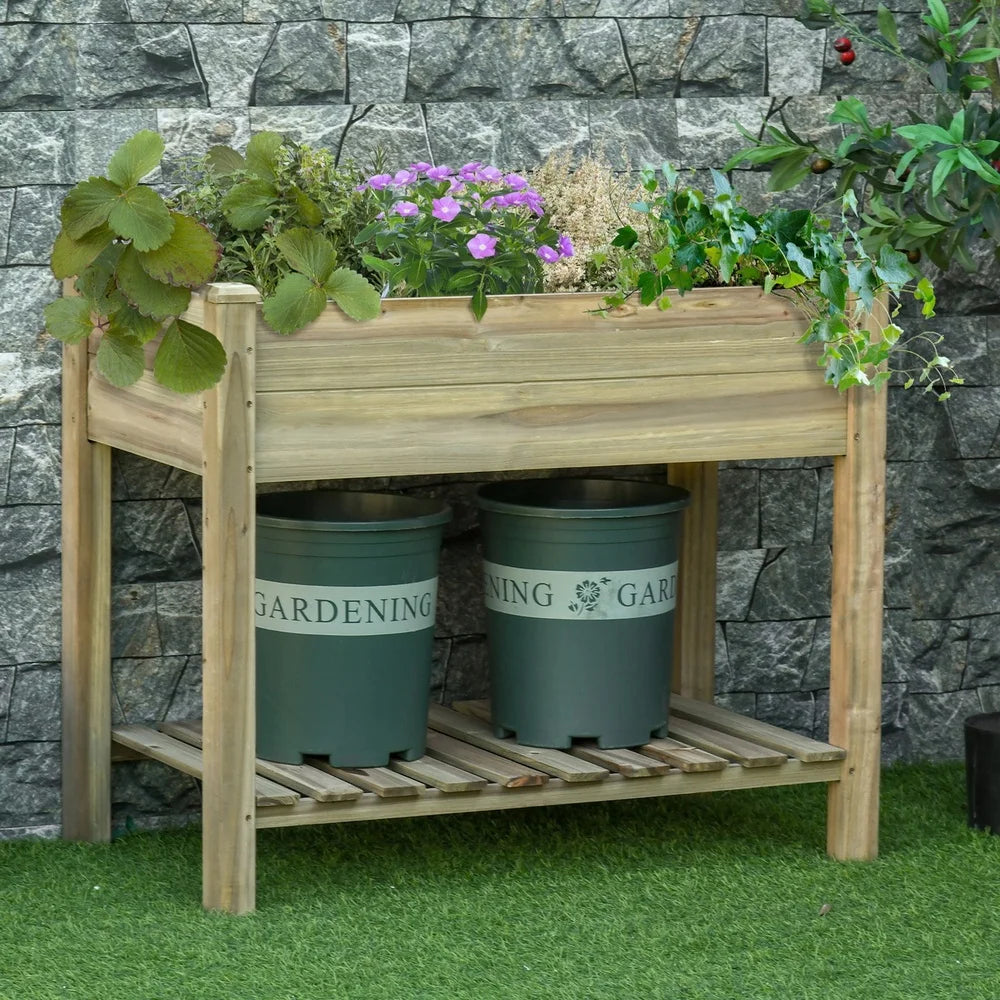 XMSJ Elevated Wooden Garden Bed Planter With Storage Shelf