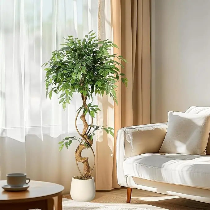 HiMIS Ficus Artificial Tree With Curved Trunk Silk Leaves