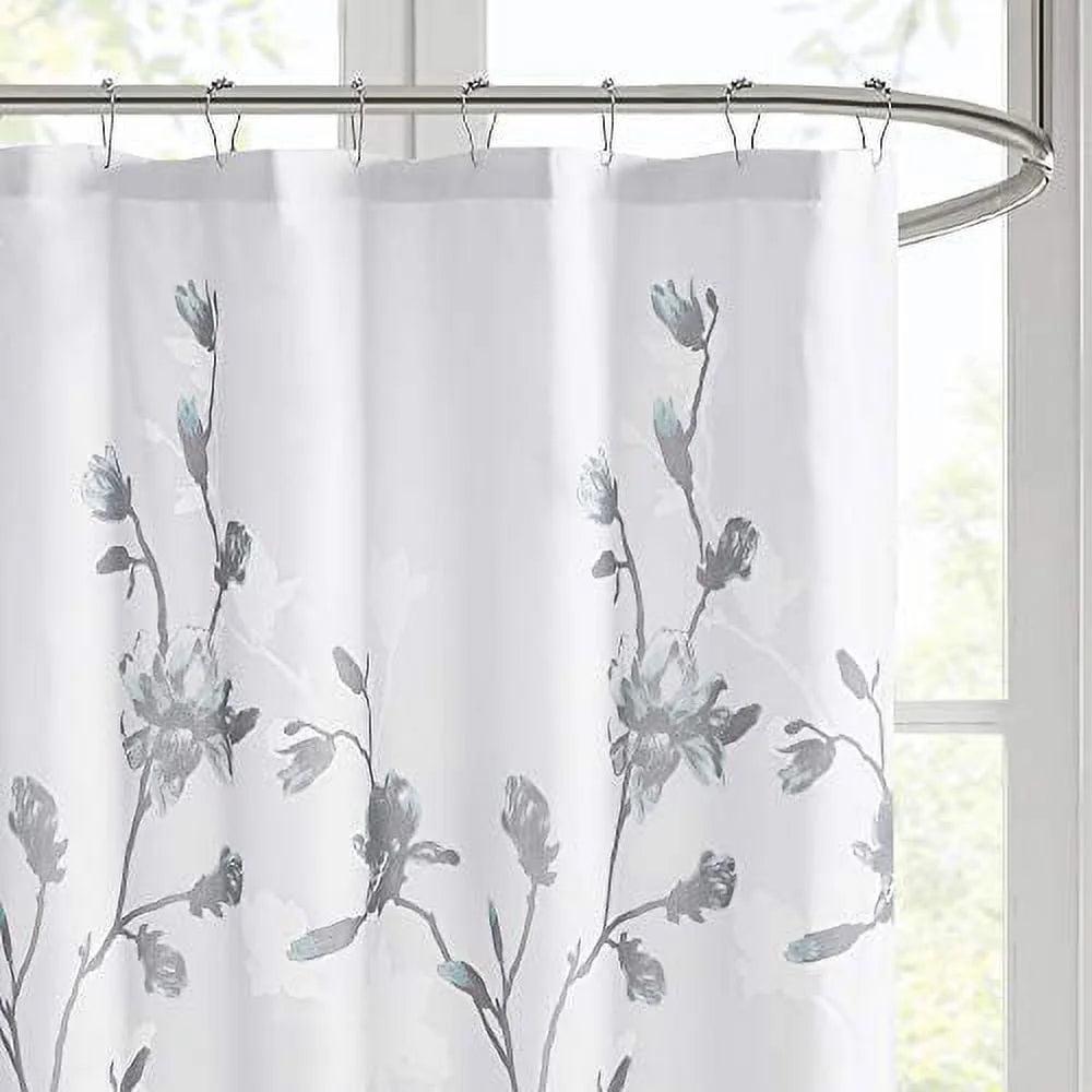 Lightweight Floral Printed Burnout Shower Curtain with Microfiber Liner 72x72 Machine Washable Aqua Grey Bathroom Decor
