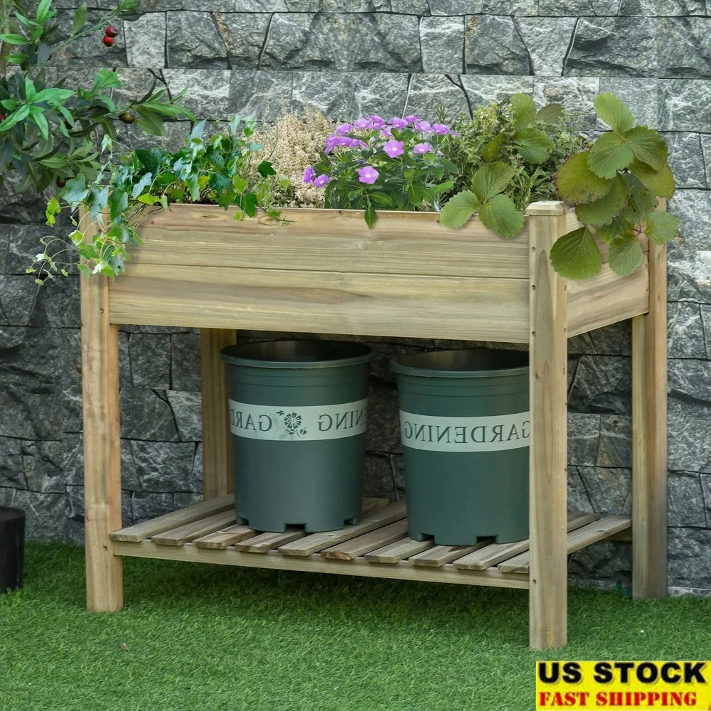 XMSJ Elevated Wooden Garden Bed Planter With Storage Shelf