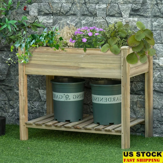 XMSJ Elevated Wooden Garden Bed Planter With Storage Shelf