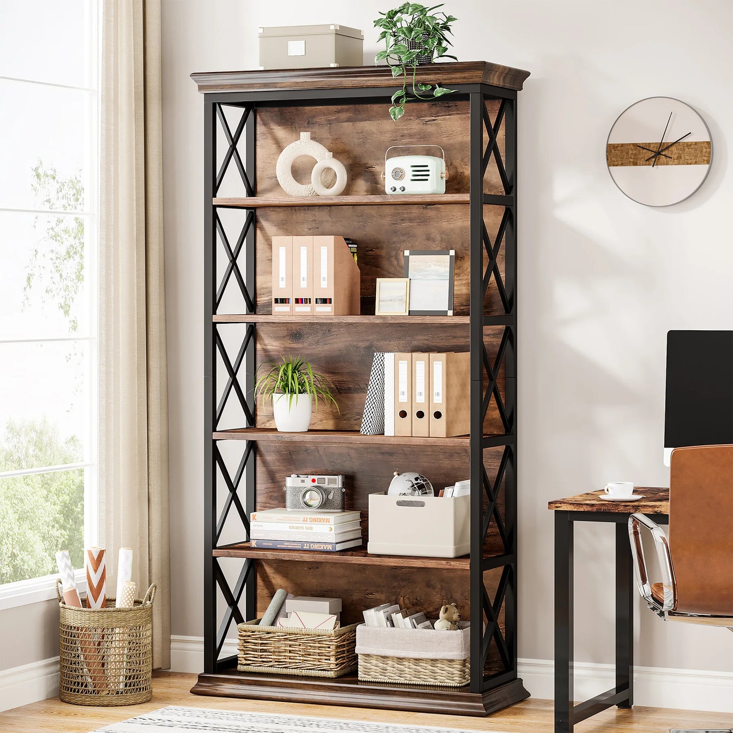 Tribesigns 5 Tier Industrial Bookcase Floor Standing Bookshelf