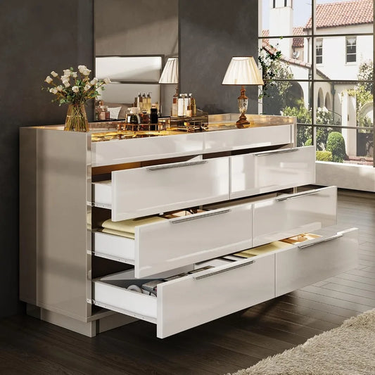 47.2" 8 Drawer Dresser with LED Light, Modern High Gloss Chest of Drawers with Glass Tabletop & 2 Six-Grid Jewelry Drawers, for