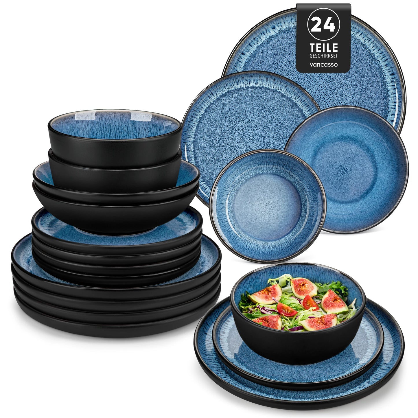 vancasso 24 Piece Blue Dinnerware Sets Reactive Glaze Dishes Set Dishwasher Safe With 6 PCS Dinner Plate/Dessert/Bowl for 8