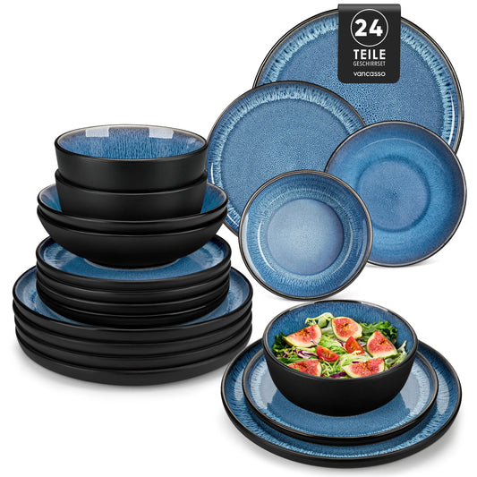 vancasso 24 Piece Blue Dinnerware Sets Reactive Glaze Dishes Set Dishwasher Safe With 6 PCS Dinner Plate/Dessert/Bowl for 8