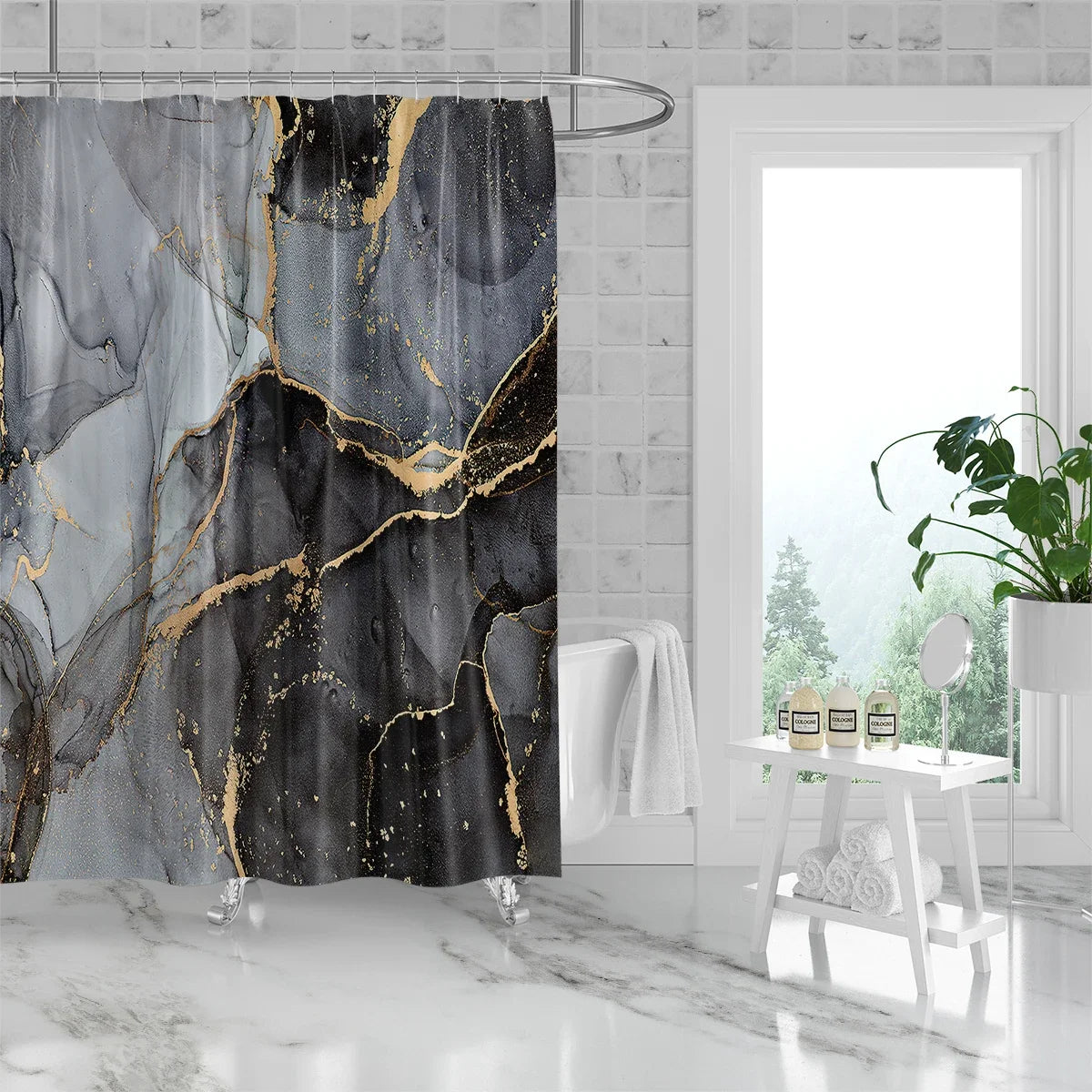 Warm Welcome Decor Marble Pattern Shower Curtain Waterproof
