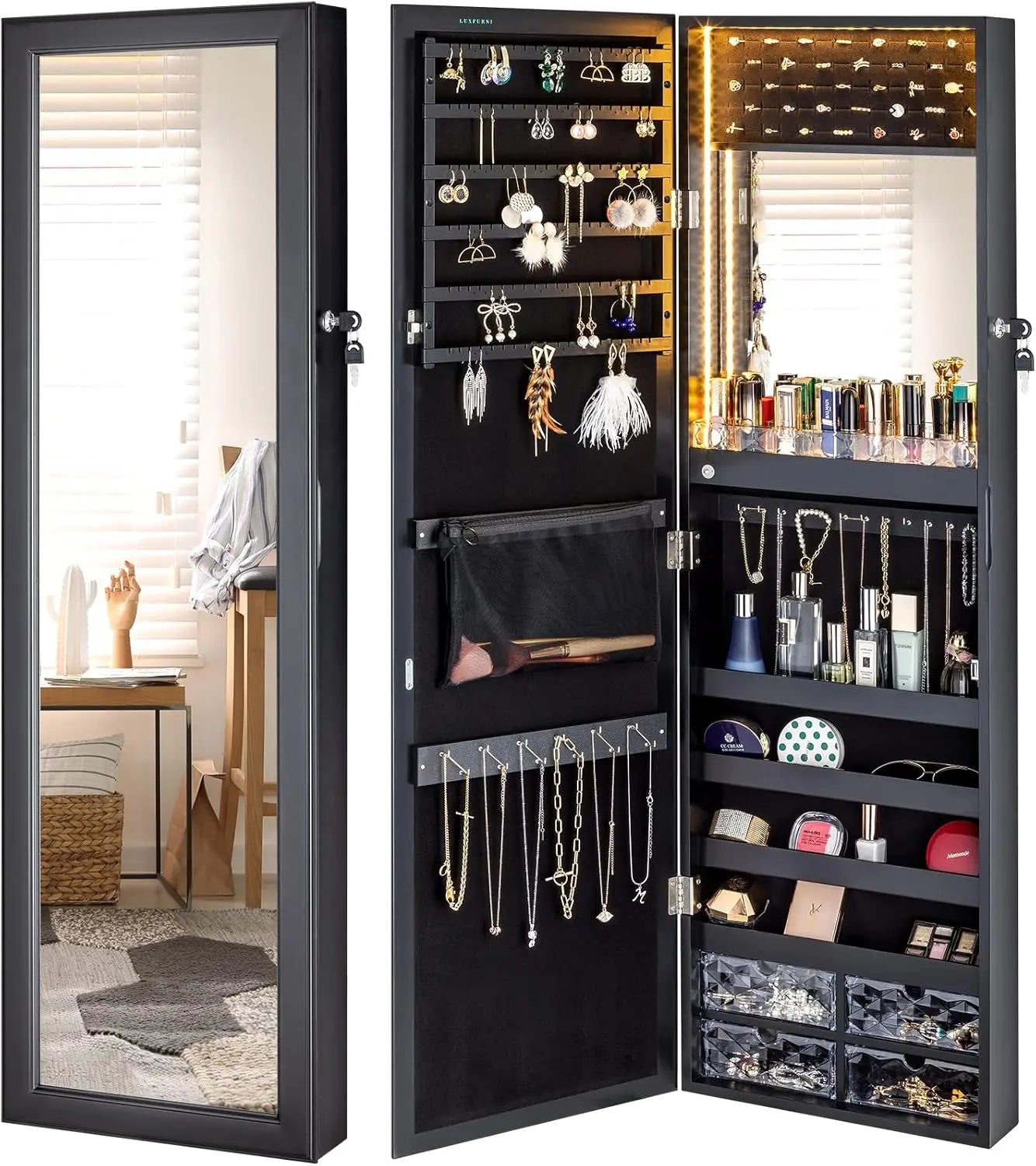 Hign Concerned LED Jewelry Cabinet Mirror With Storage