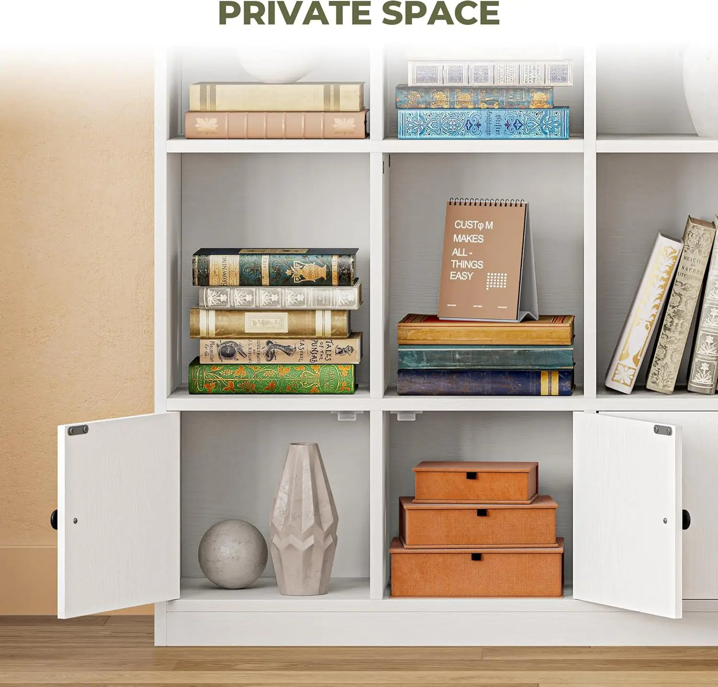 IRONCK 6 Tier Bookshelf With 4 Doors Floor Standing Tall Display Storage Shelves For Home