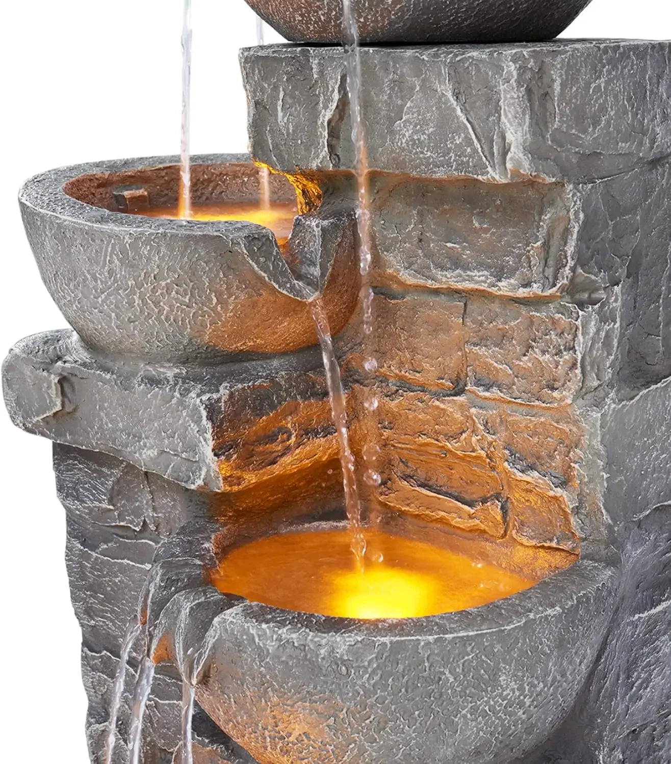 LED Outdoor Water Fountain With Cascading Bowls And Stones