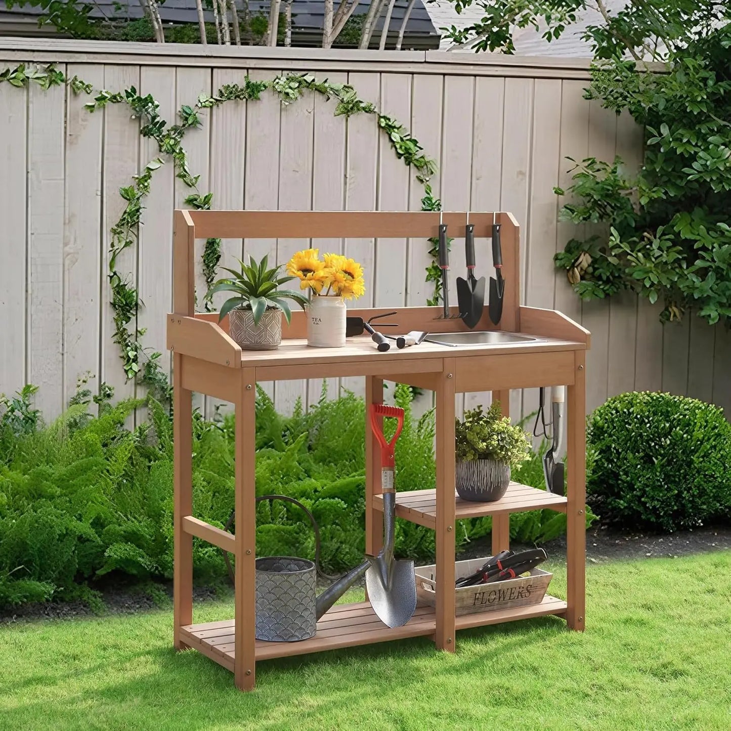 XMSJ Poly Lumber Potting Bench With Sink And Shelves