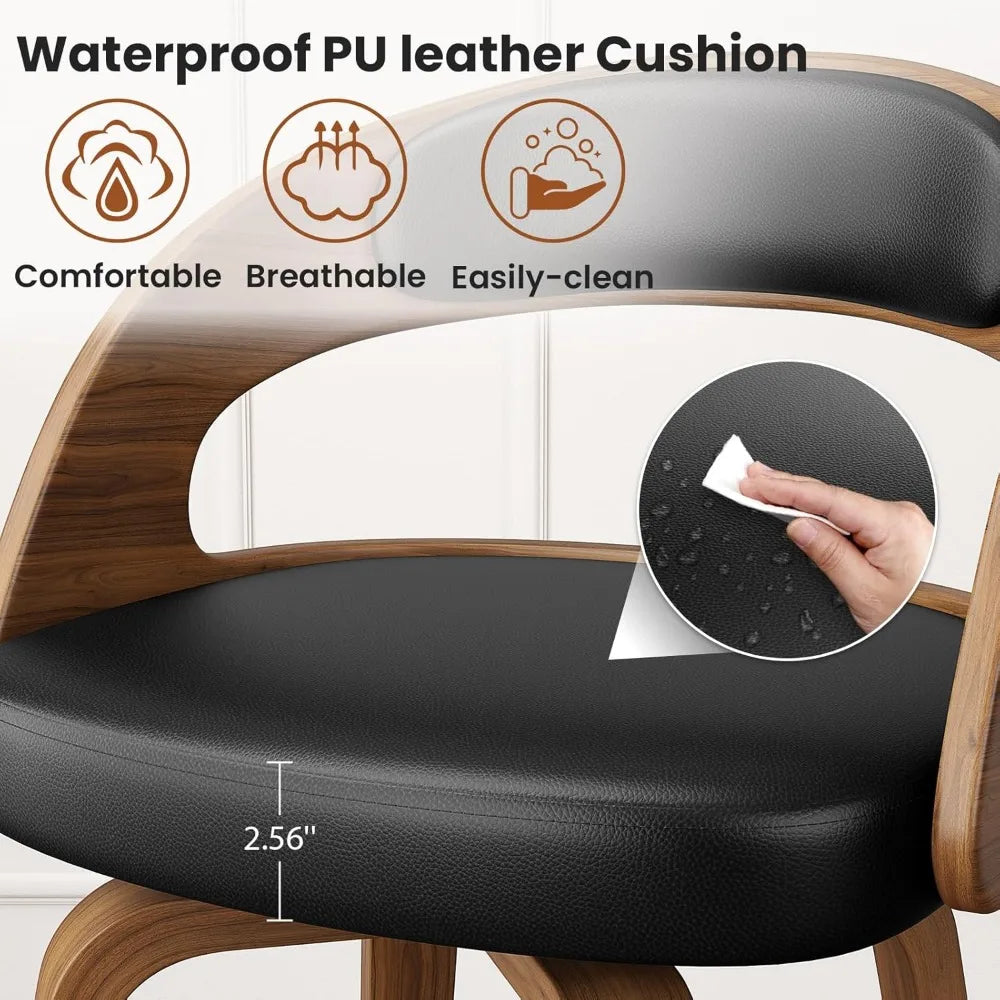 Set Of 4 Swivel Bar Stools Walnut Wood Leather Upholstered