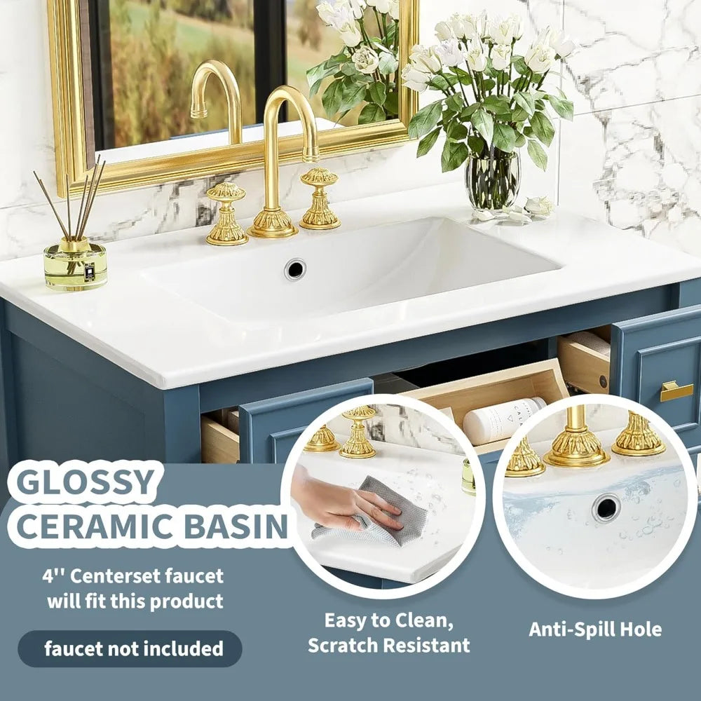 30 Inch Bathroom Vanity with Sink Combo, Modern Bathroom Storage Cabinet with 4 Drawers, 1 Pull-Out Drawer & Open Shelf, Solid W