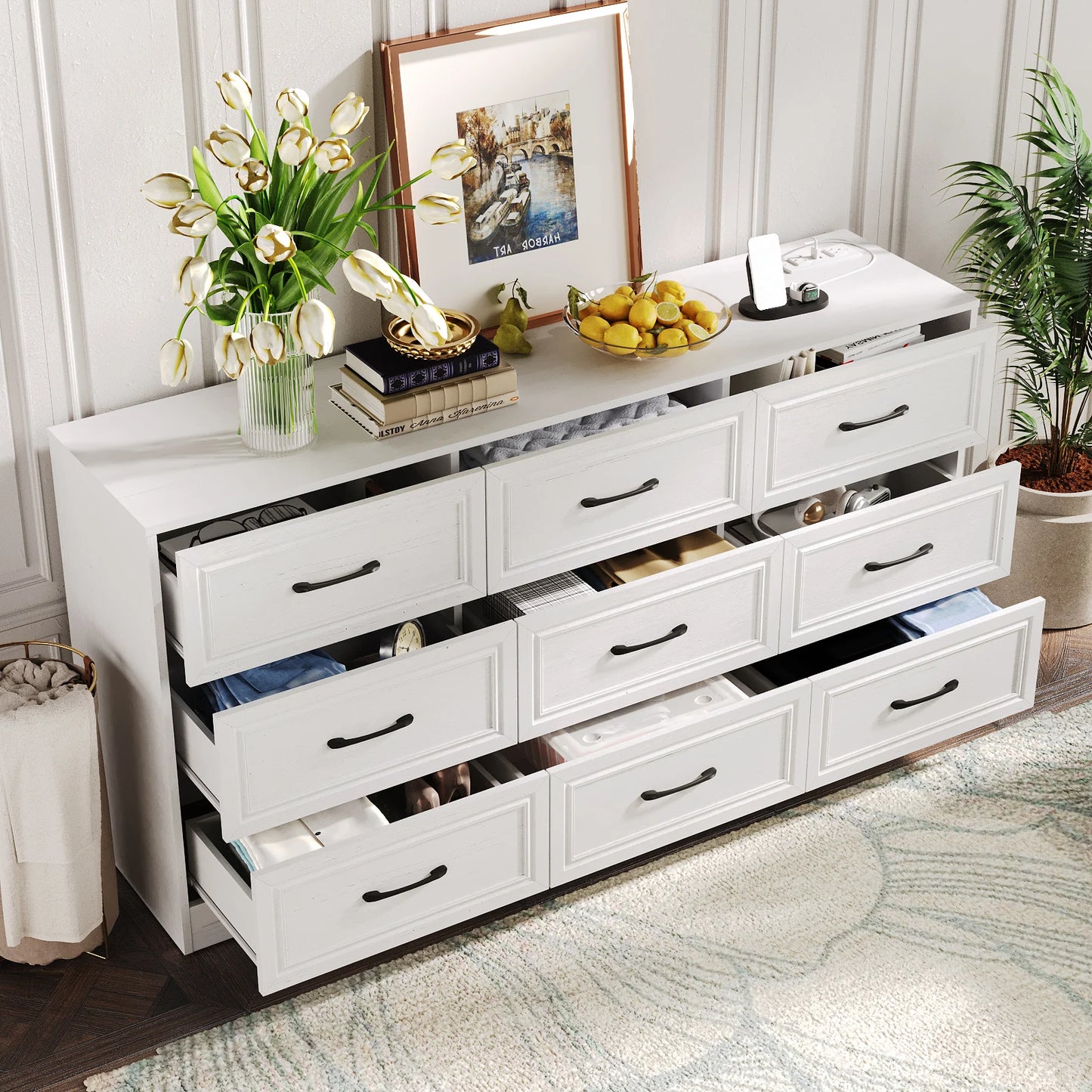 Vabches Wood Dresser for Bedroom 9 Drawer Dresser with Power Outlet&Metal Handles Chest of Drawers Storage Organizer for Hallway