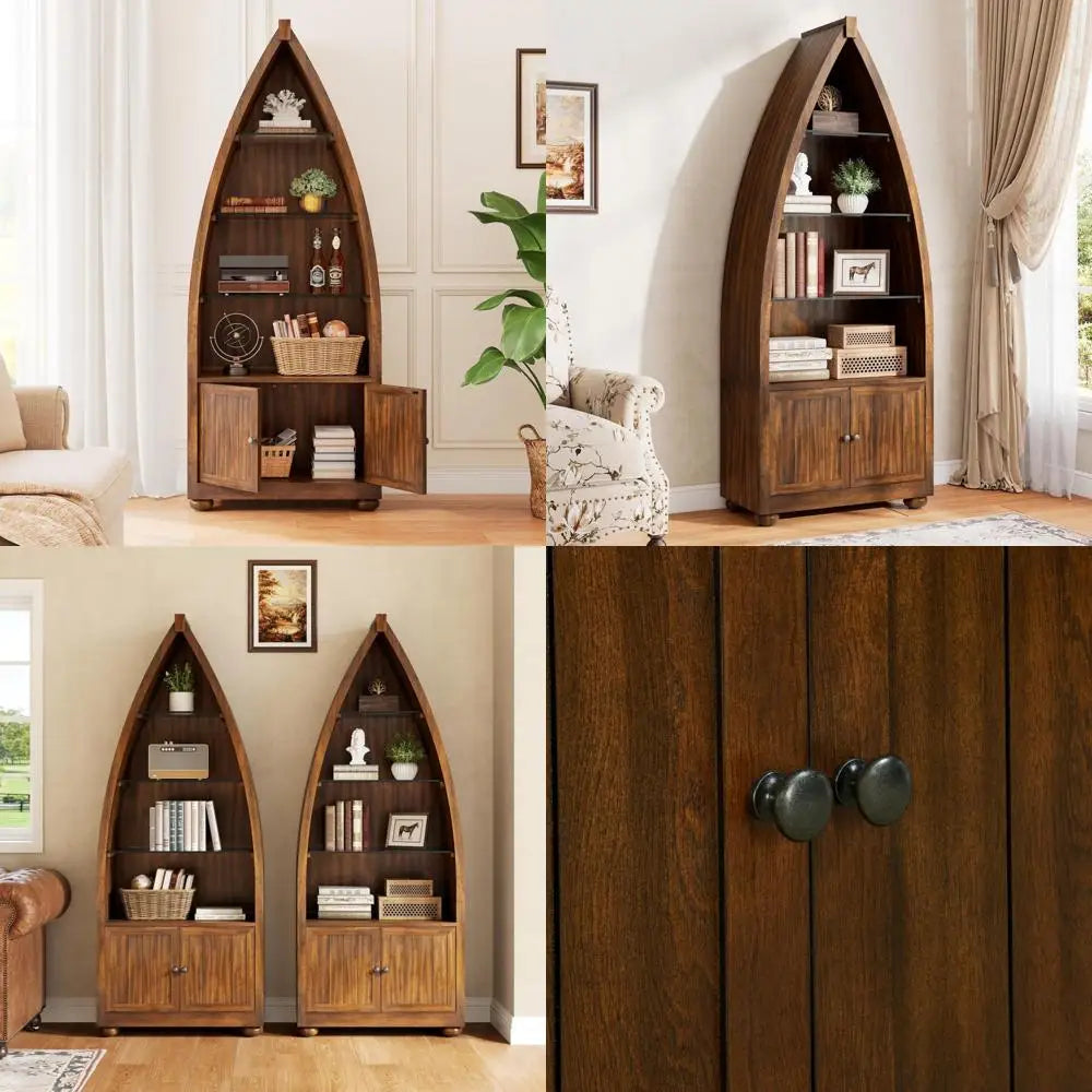 5-Tier Wooden Boat-Shaped Bookcase With Glass Shelves