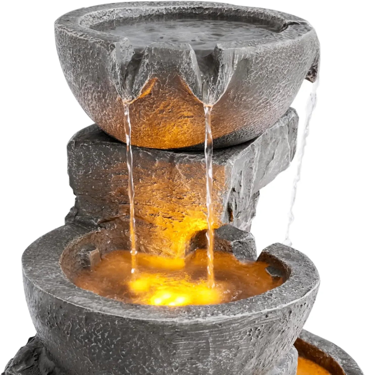 LED Outdoor Water Fountain With Cascading Bowls And Stones