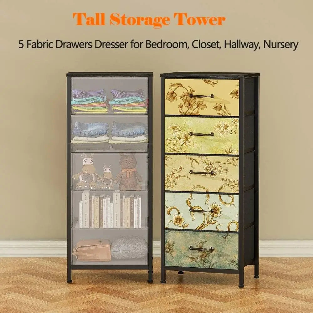 Vertical Dresser for Bedroom, Tall Skinny Storage Tower with 5 Fabric Drawers, Chest of Drawers for Living Room, Dorm, Entryway,