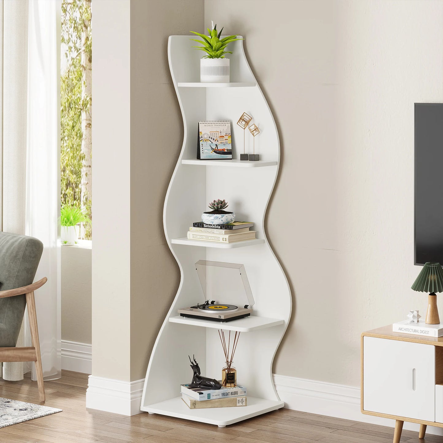 Tribesigns Five Tier Corner Shelf Wall Bookcase Organizer