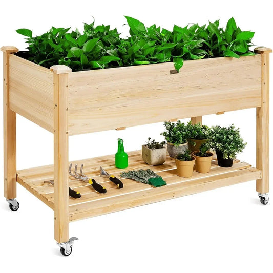 JIAOYING Raised Garden Bed On Wheels Wood Planter With Legs