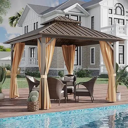 Hardtop Gazebo Aluminum Outdoor Patio With Netting Curtains