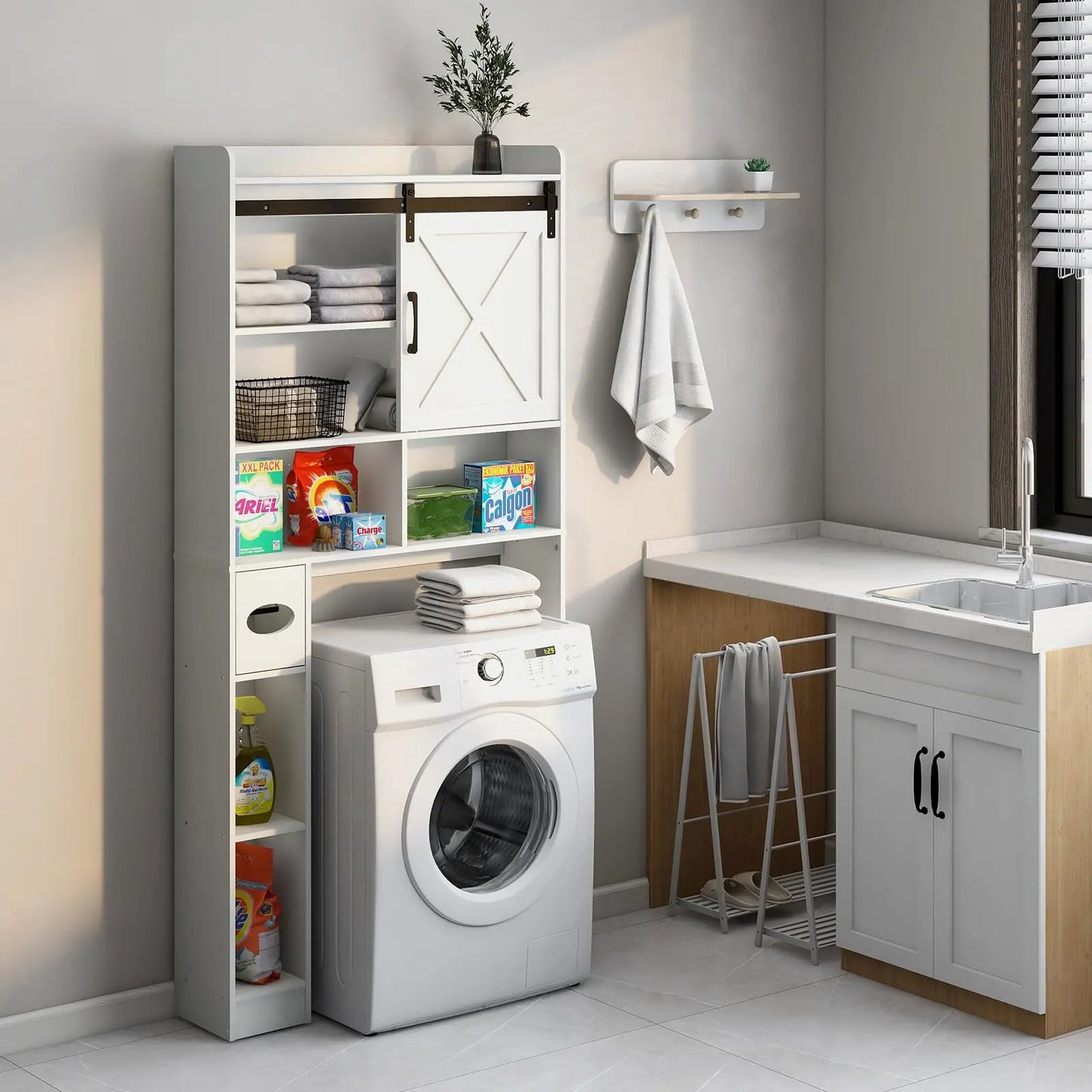Vabches Over the Toilet Storage Cabinet Farmhouse Bathroom Organizer with Sliding Door & Toilet Paper Holder Wooden Toilet Rack