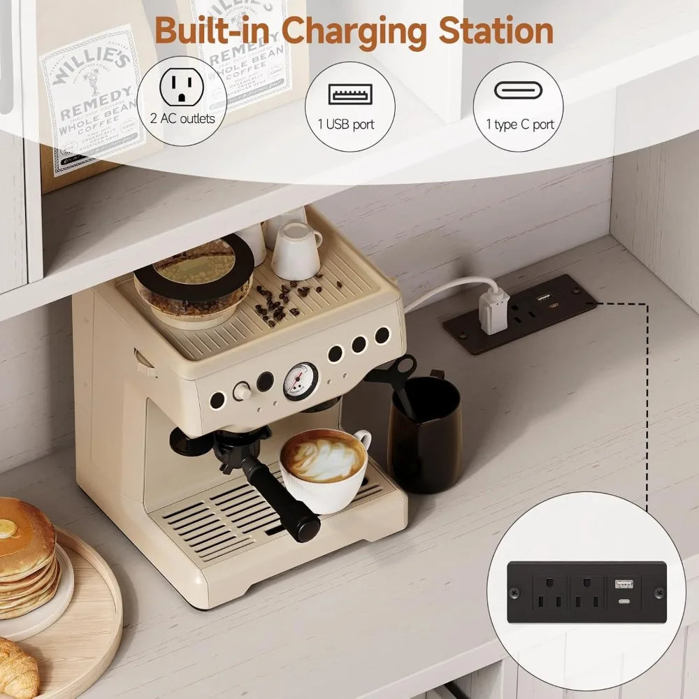 Pantry Cabinet With LED Light Outlet Microwave Shelf
