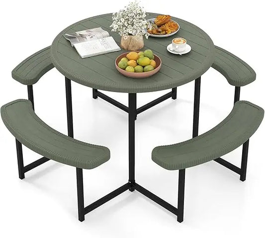 HDPE Outdoor Round Table And Bench Set With Umbrella Hole