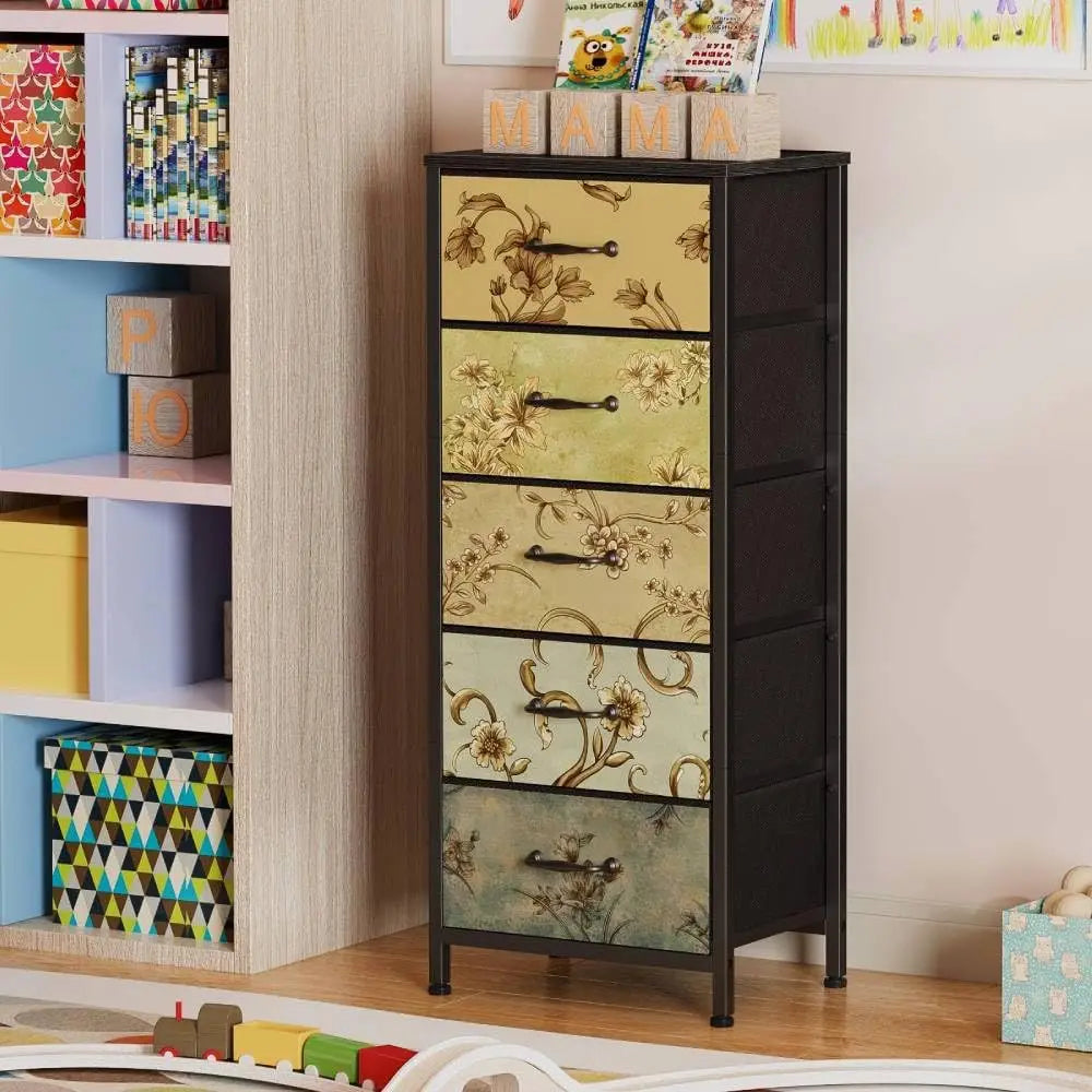Vertical Dresser for Bedroom, Tall Skinny Storage Tower with 5 Fabric Drawers, Chest of Drawers for Living Room, Dorm, Entryway,