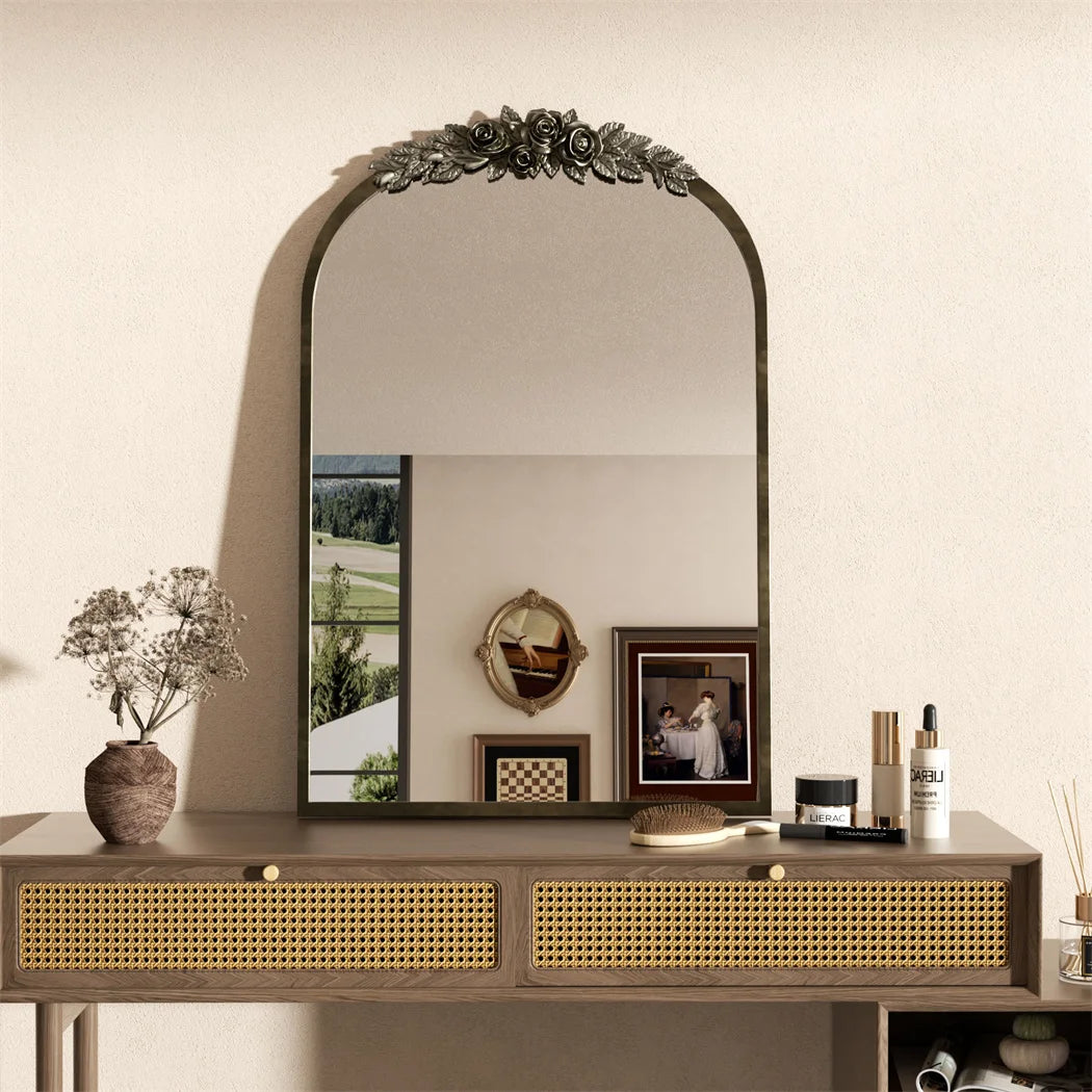 LUVODI Arched Wall Mirror With Resin Rose Pattern Frame