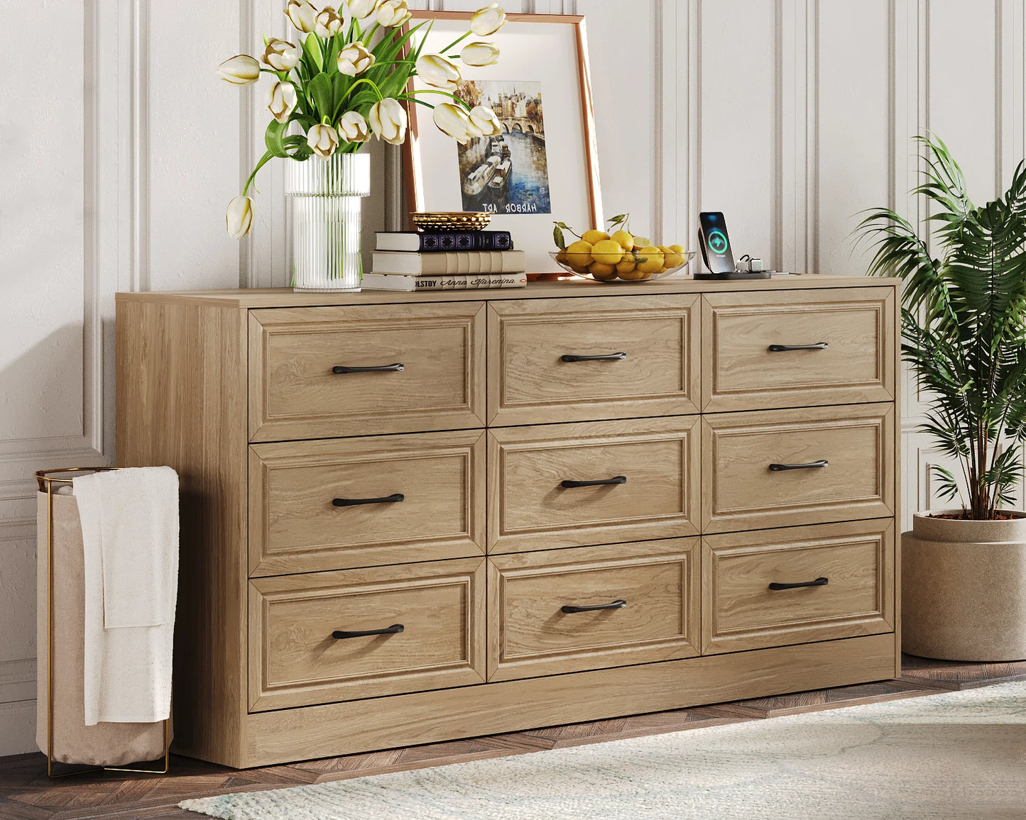 Vabches Wood Dresser for Bedroom 9 Drawer Dresser with Power Outlet&Metal Handles Chest of Drawers Storage Organizer for Hallway