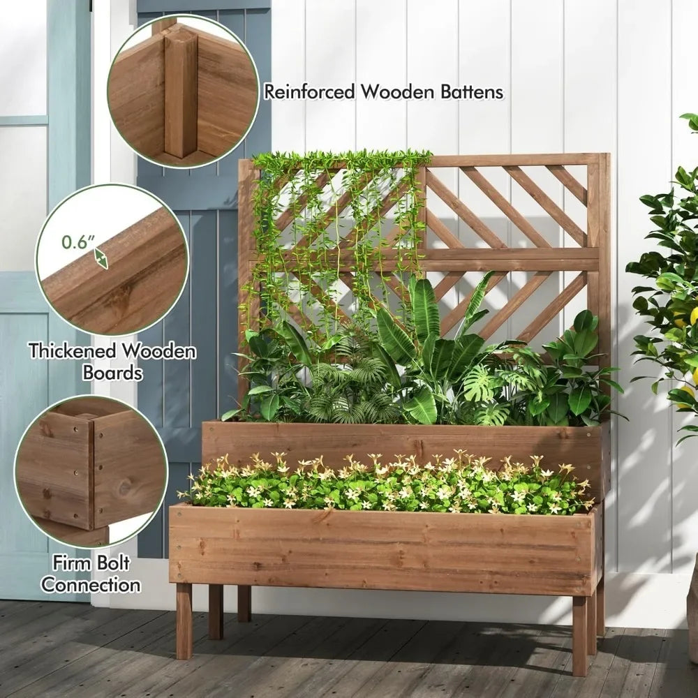 JIAOYING Raised Garden Bed With Trellis 2 Tier Planter Box